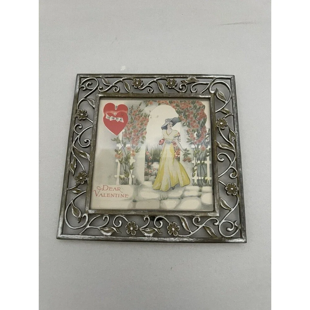 Romantic Cottagecore Ornate Metal Picture Frame 5x5 VTG Valentine Silver Color